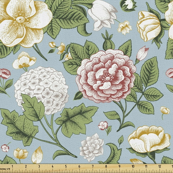 Ambesonne Colorful Fabric by the Yard Upholstery, Chrysanthemum and Hoya, 10 Yards, Pale Blue Grey Multicolor