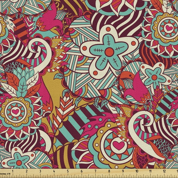 Ambesonne Colorful Fabric by the Yard Upholstery, Flowers Stars Hearts, 1 Yard, Multicolor