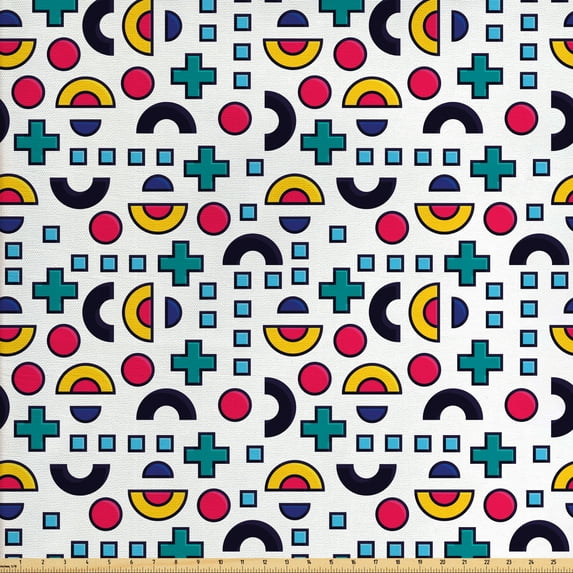 Ambesonne Colorful Fabric by the Yard Upholstery, Half Circles Plus Sign, 3 Yards, Multicolor