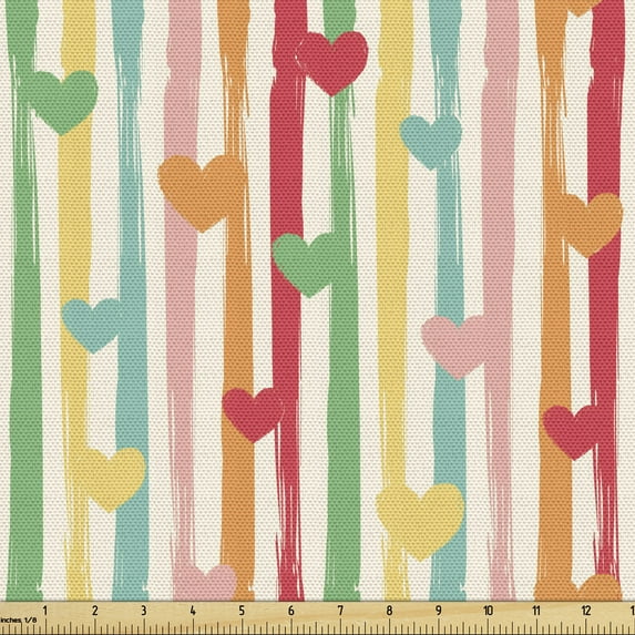 Ambesonne Colorful Fabric by the Yard Upholstery, Hearts on Stripes, 10 Yards, Multicolor
