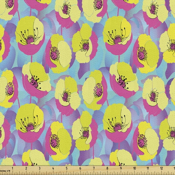 Ambesonne Colorful Fabric by the Yard Upholstery, Neon Colored Poppy Flowers, 3 Yards, Multicolor