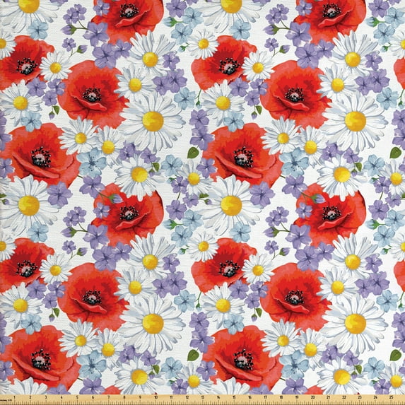Ambesonne Colorful Fabric by the Yard Upholstery, Poppy and Daisy Flower, 2 Yards, Lavender Scarlet