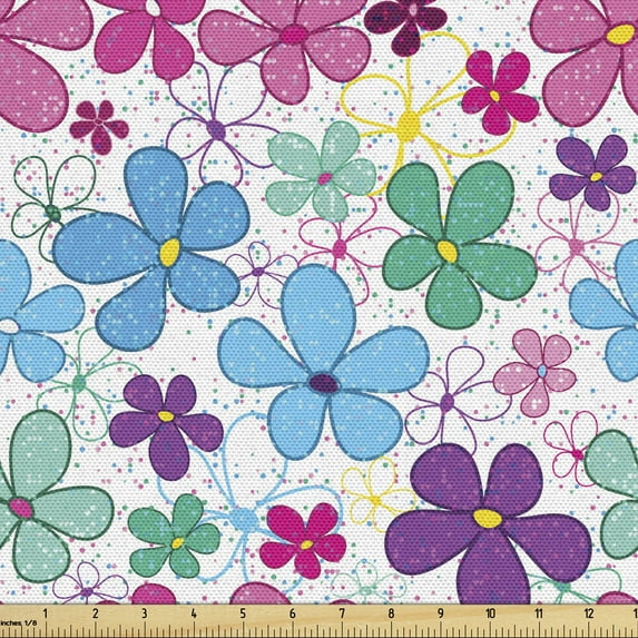 Ambesonne Colorful Fabric by the Yard Upholstery, Print of Doodle Flowers, 2 Yards, Multicolor