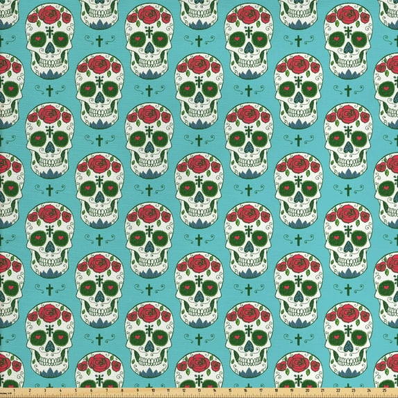 Ambesonne Colorful Fabric by the Yard Upholstery, Roses on Skull Pattern, 2 Yards, Seafoam Green and Ruby
