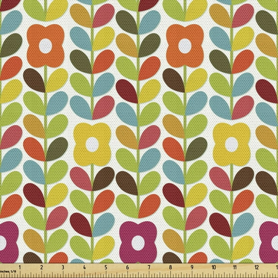 Ambesonne Colorful Fabric by the Yard Upholstery, Scandinavian Leaves, 1 Yard, Multicolor