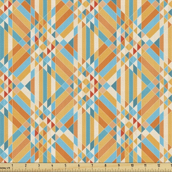 Ambesonne Colorful Fabric by the Yard Upholstery, Stripes and Triangles, 1 Yard, Orange Teal and Beige