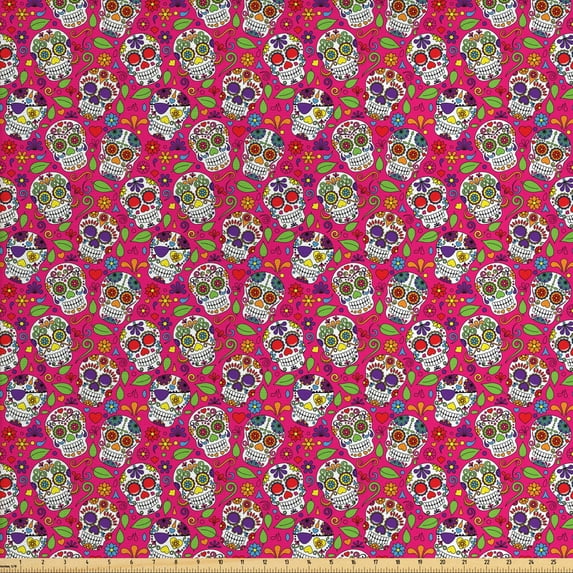 Ambesonne Colorful Fabric by the Yard Upholstery, Sugar Skull Flowers, 3 Yards, Hot Pink Purple Green