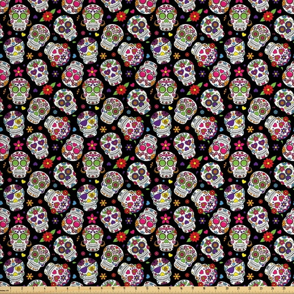 Ambesonne Colorful Fabric by the Yard Upholstery, Sugar Skulls Flowers, 5 Yards, Multicolor