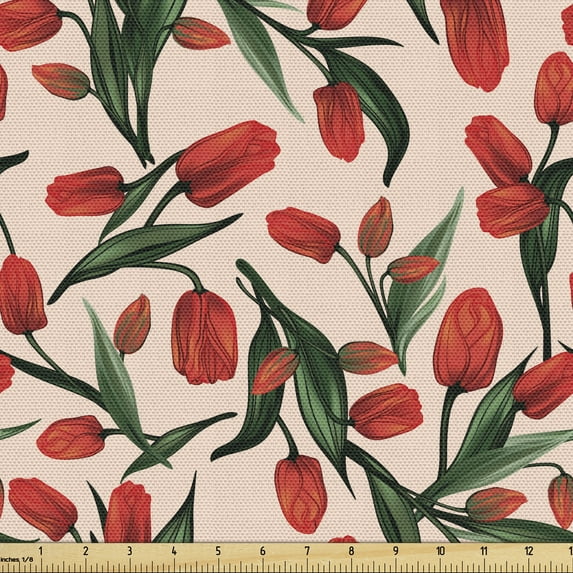 Ambesonne Colorful Fabric by the Yard Upholstery, Tulips and Leaves Image, 3 Yards, Pale Peach and Multicolor