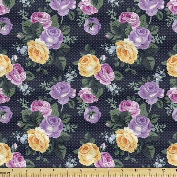 Ambesonne Colorful Fabric by the Yard Upholstery, Victorian Inspired Roses, 1 Yard, Navy Blue and Multicolor