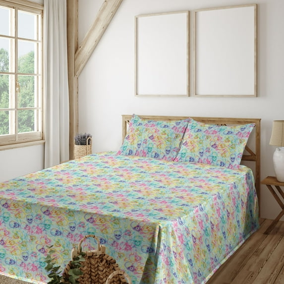 Ambesonne Colorful Fitted & Flat Sheet with Shams 4 Pcs Set, Psychedelic Skulls Trippy, King, Pale Blue and Multicolor