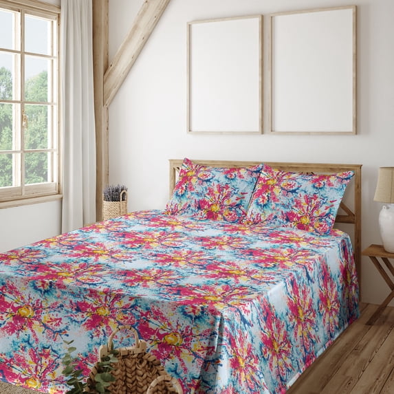 Ambesonne Colorful Fitted & Flat Sheet with Shams 4 Pcs Set, Summer Fun Flowers Dots, King, Hot Pink Blue and Mustard