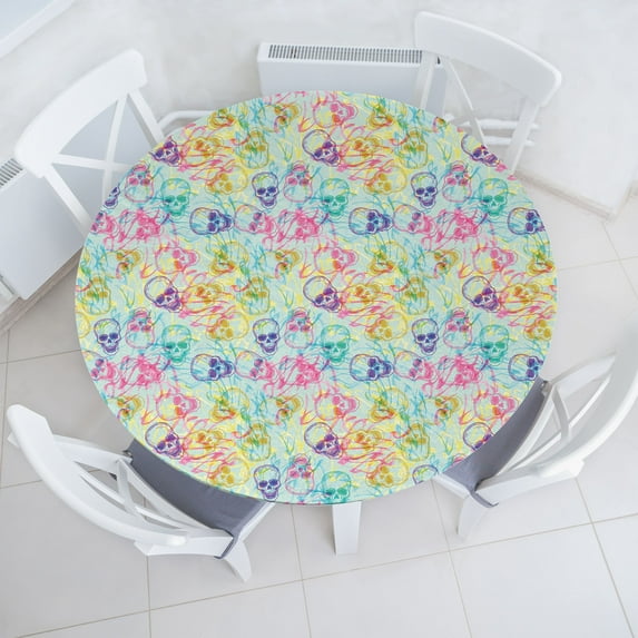 Ambesonne Colorful Fitted Round Tablecloth, Psychedelic Skulls Trippy, 45"- 56" Diameter, Pale Blue and Multicolor