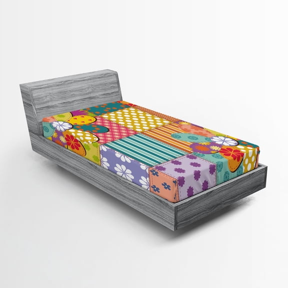 Ambesonne Colorful Fitted Sheet 2 Pcs Set, Flower Polka Dots Mix, Twin, Multicolor