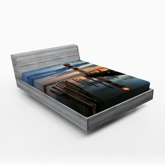 Ambesonne Colorful Fitted Sheet 2 Pcs Set, Lighthouse Calm Dusk, Queen, Multicolor