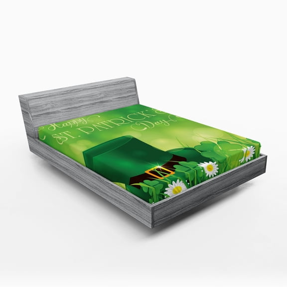 Ambesonne Colorful Fitted Sheet 2 Pcs Set, Lucky Shamrock, California King, Green