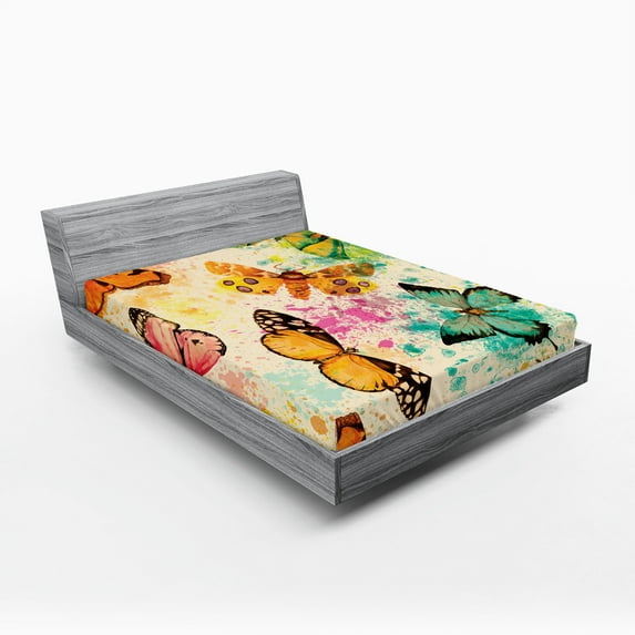 Ambesonne Colorful Fitted Sheet 2 Pcs Set, Murky Grungy Butterfly, Full, Multicolor