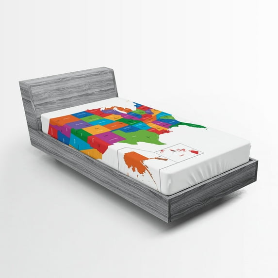 Ambesonne Colorful Fitted Sheet 2 Pcs Set, USA Map with States, Twin, Multicolor