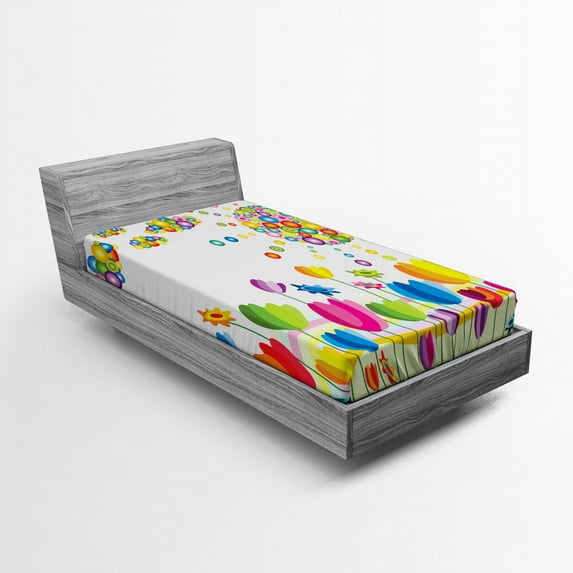 Ambesonne Colorful Fitted Sheet, Abstract Flower Summer, Twin Size, Multicolor