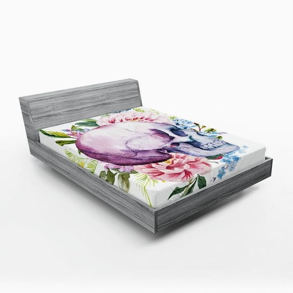 Ambesonne Colorful Fitted Sheet, Abstract Skull Flowers, Full Size, Multicolor