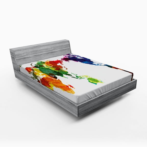 Ambesonne Colorful Fitted Sheet, Abstract Wold Map, Full Size, Multicolor