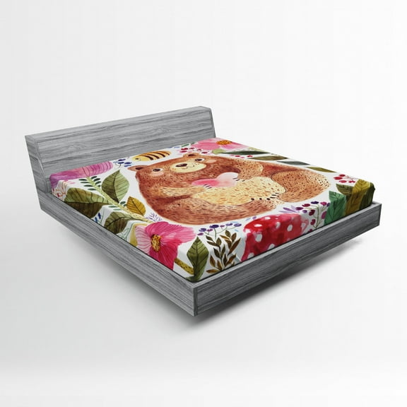 Ambesonne Colorful Fitted Sheet, Bear with Flowers, Queen Size, Multicolor