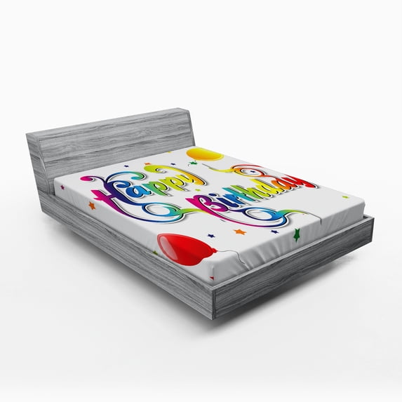Ambesonne Colorful Fitted Sheet, Birthday Words Floral, Full Size, Multicolor