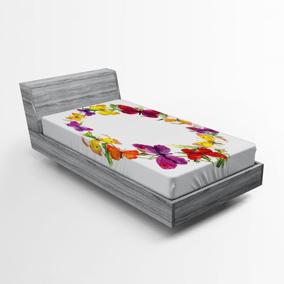 Ambesonne Colorful Fitted Sheet, Butterfly with Herbs, Twin XL Size, Multicolor