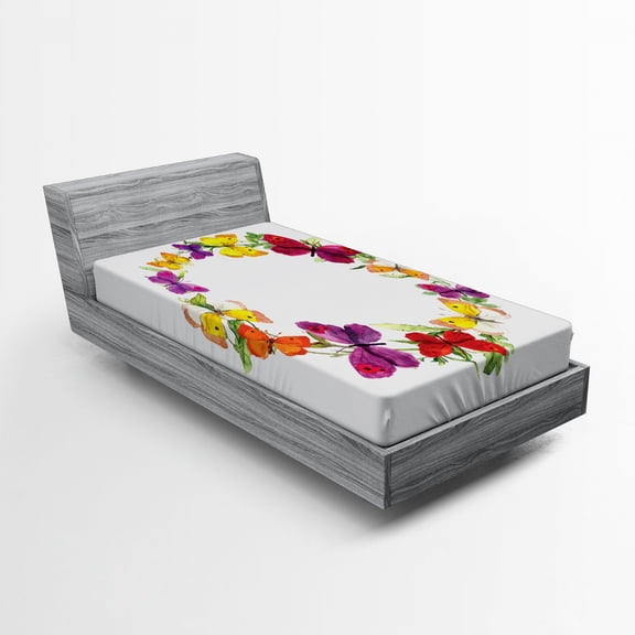 Ambesonne Colorful Fitted Sheet, Butterfly with Herbs, Twin XL Size, Multicolor