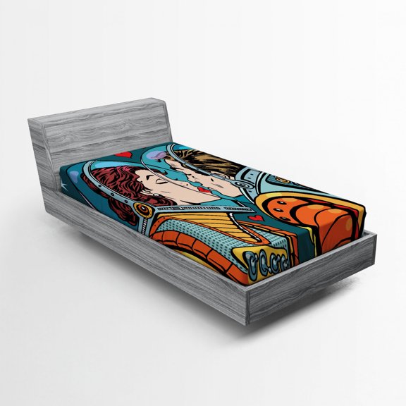 Ambesonne Colorful Fitted Sheet, Cartoon Kiss in Space, Twin Size, Multicolor