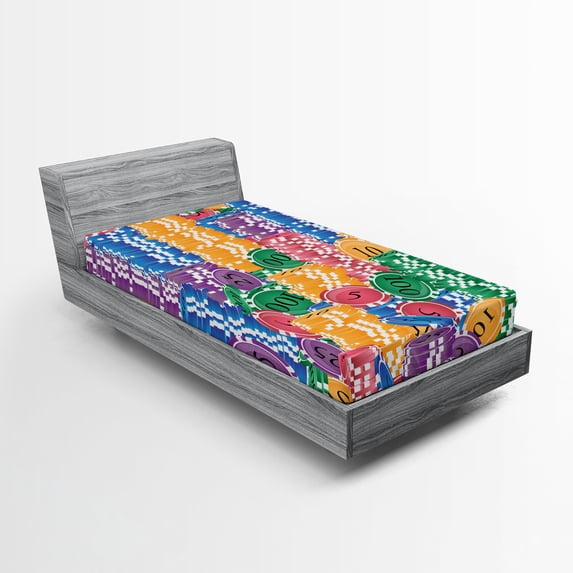 Ambesonne Colorful Fitted Sheet, Casino Chips Luck, Twin XL Size, Multicolor