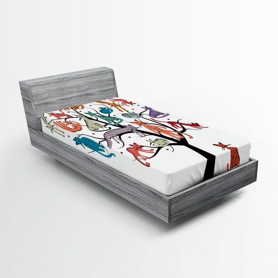 Ambesonne Colorful Fitted Sheet, Cat Tree with Kittens, Twin Size, Multicolor