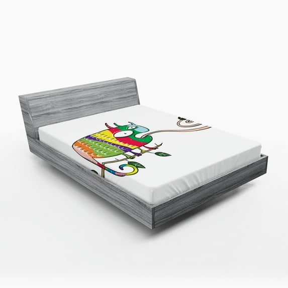 Ambesonne Colorful Fitted Sheet, Chameleon on Branch, Queen Size, Multicolor
