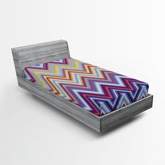 Ambesonne Colorful Fitted Sheet, Chevron Small Strikes, Twin XL Size, Purple Khaki Blue