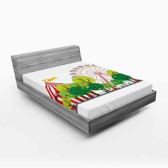 Ambesonne Colorful Fitted Sheet, Circus Carnival Scene, Queen Size, Multicolor