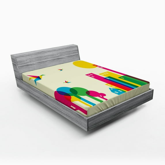 Ambesonne Colorful Fitted Sheet, Cityscape, Queen Size, Multicolor