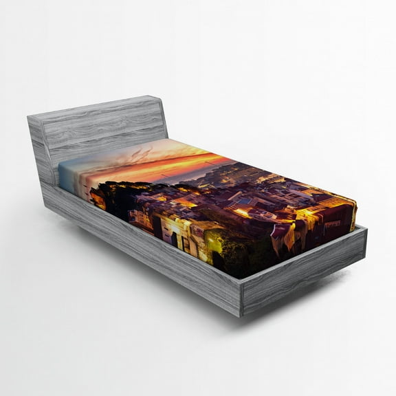Ambesonne Colorful Fitted Sheet, Cityscape of Lisbon, Twin XL Size, Brown