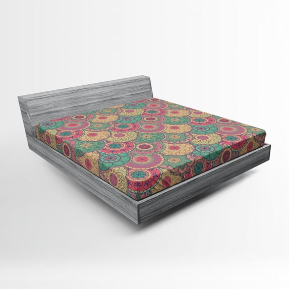 Ambesonne Colorful Fitted Sheet, Classic Circular Shape, Queen Size, Green Pink