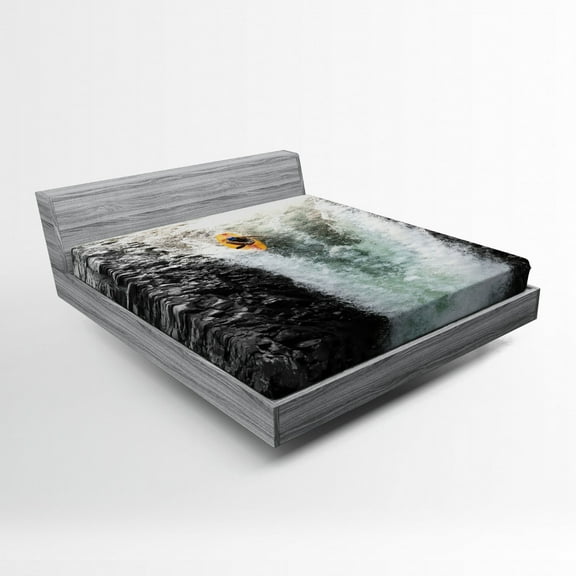 Ambesonne Colorful Fitted Sheet, Cliffs Waterfall Canoe, Queen Size, Multicolor