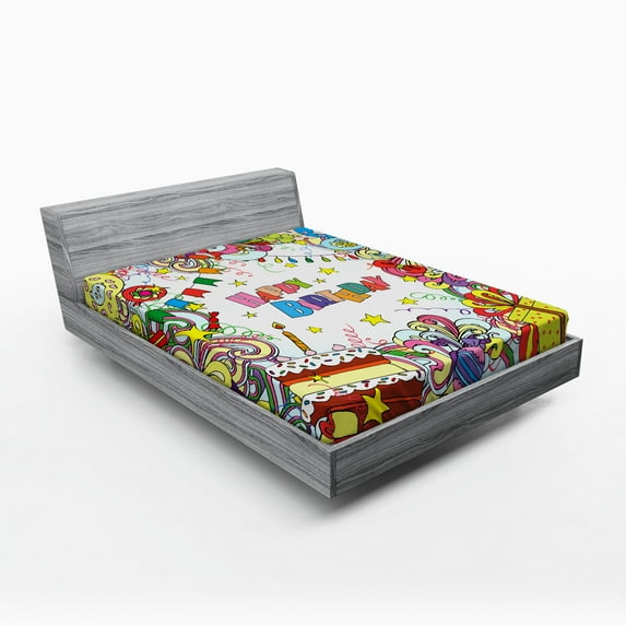 Ambesonne Colorful Fitted Sheet, Colorful Cartoon Party, Queen Size, Multicolor