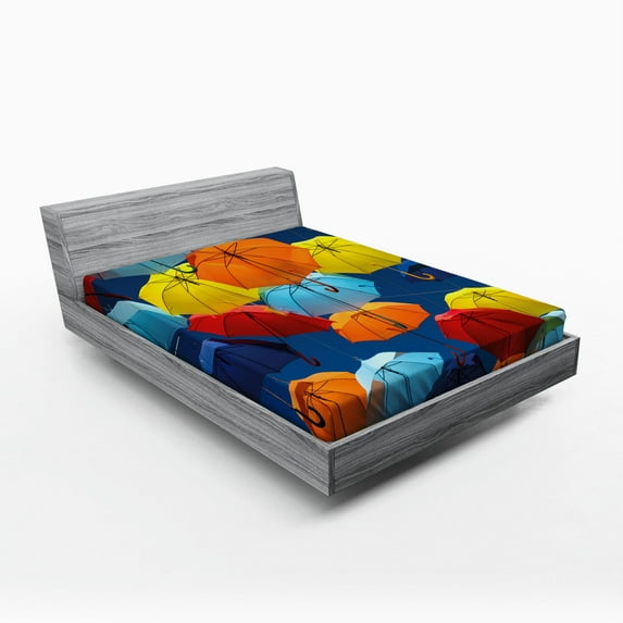 Ambesonne Colorful Fitted Sheet, Colorful Umbrellas Sky, Queen Size, Multicolor