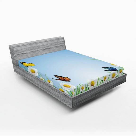 Ambesonne Colorful Fitted Sheet, Daisy with Butterflies, Full Size, Multicolor