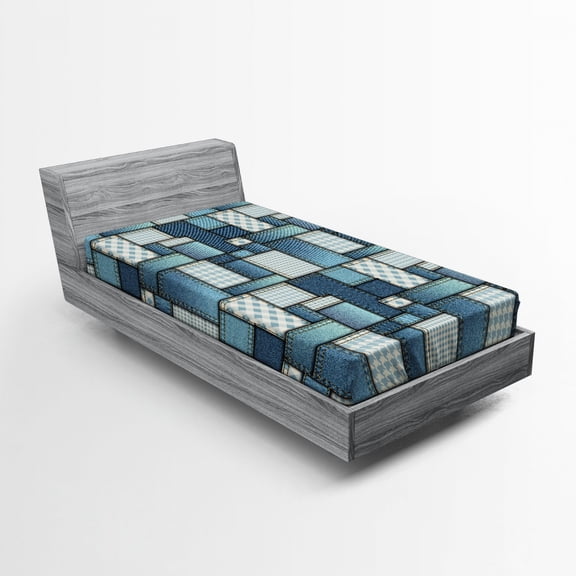 Ambesonne Colorful Fitted Sheet, Denim Sewings, Twin XL Size, Pale Blue Blue