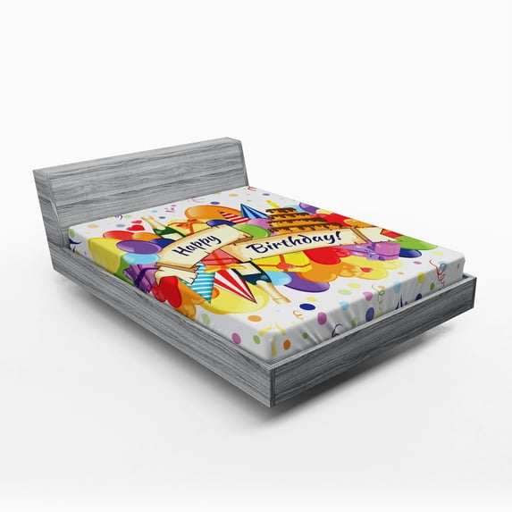 Ambesonne Colorful Fitted Sheet, Drinks Cake Balloons, Full Size, Multicolor