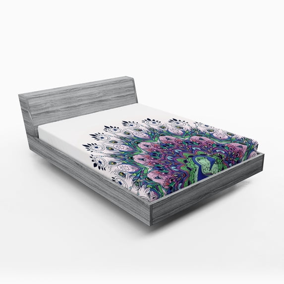 Ambesonne Colorful Fitted Sheet, Exotic Wild Peacock, Full Size, Violet Blue Green Pink