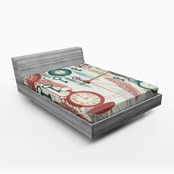 Ambesonne Colorful Fitted Sheet, Feather and Old Key, Full Size, Multicolor