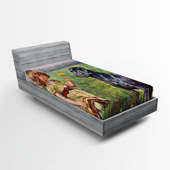 Ambesonne Colorful Fitted Sheet, Flower Dog with a Girl, Twin XL Size, Multicolor