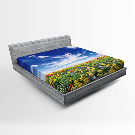 Ambesonne Colorful Fitted Sheet, Flowers Cloudy Sky, Full Size, Multicolor