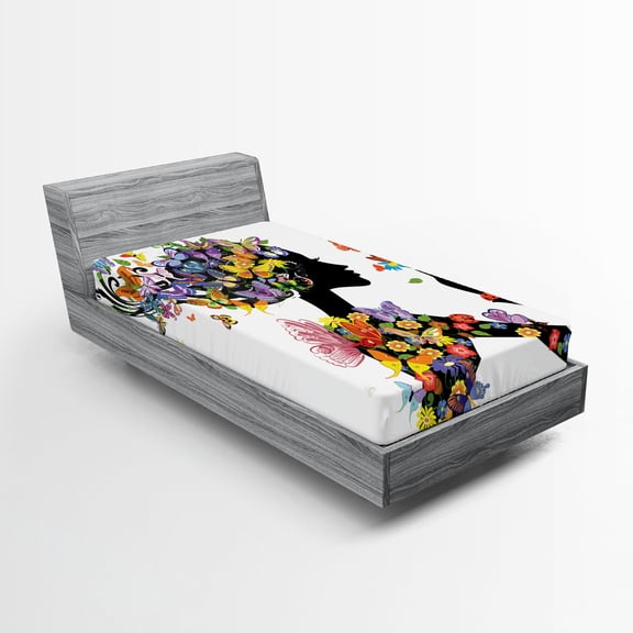 Ambesonne Colorful Fitted Sheet, Flowers with Butterfly, Twin XL Size, Multicolor