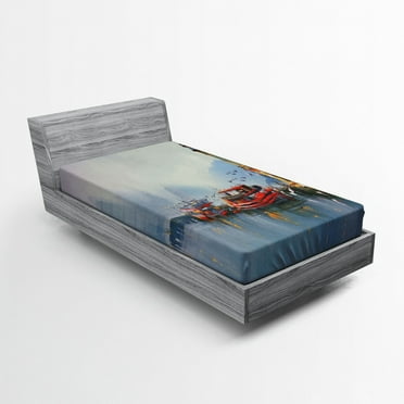 Ambesonne Colorful Fitted Sheet, Harbor Boats and Birds, Twin XL Size, Multicolor